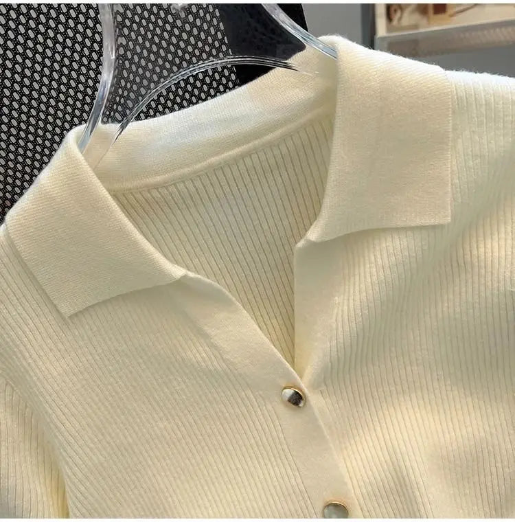Knitted Polo Shirt  Women's Summer Cardigan Short Sleeve T-Shirt Casual Fashion Short Sleeve Tops Knitwear 2025 Korean Clothing