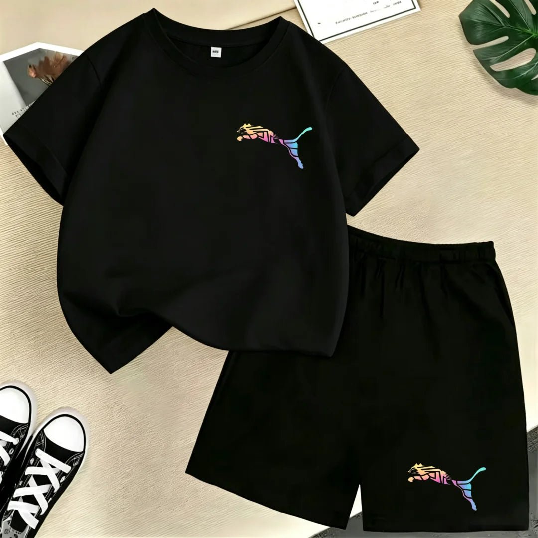 Kids Summer Casual Round Neck T-shirt Colorful Gradation Animals Boy Girl3-12Yrs Short-Sleeved+Shorts Fashion Sports Clothes Set