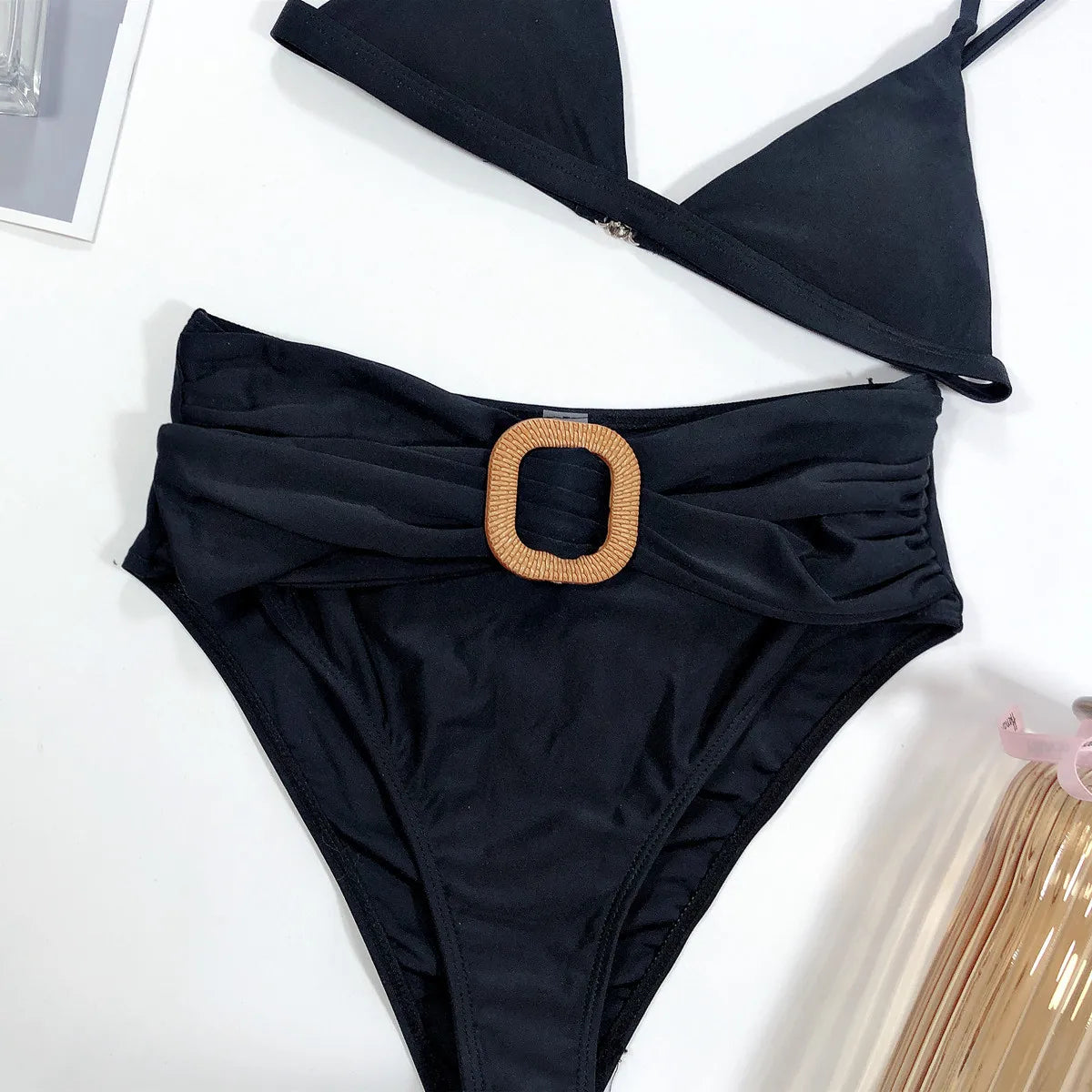 Sexy Bikini Women Swimwear Swimsuit Plain Black High Waist Belt Decor Bikinis Set Bathing Suit Beach Bikini Taille Haute Female