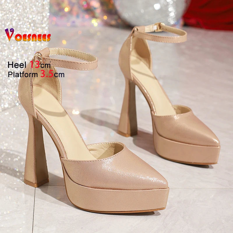 2025 Summer New Pointed Thin Heel Sandals For Women Ankle Buckle 13CM Thick Bottom Fashion High Heels Side Empty Female Shoes