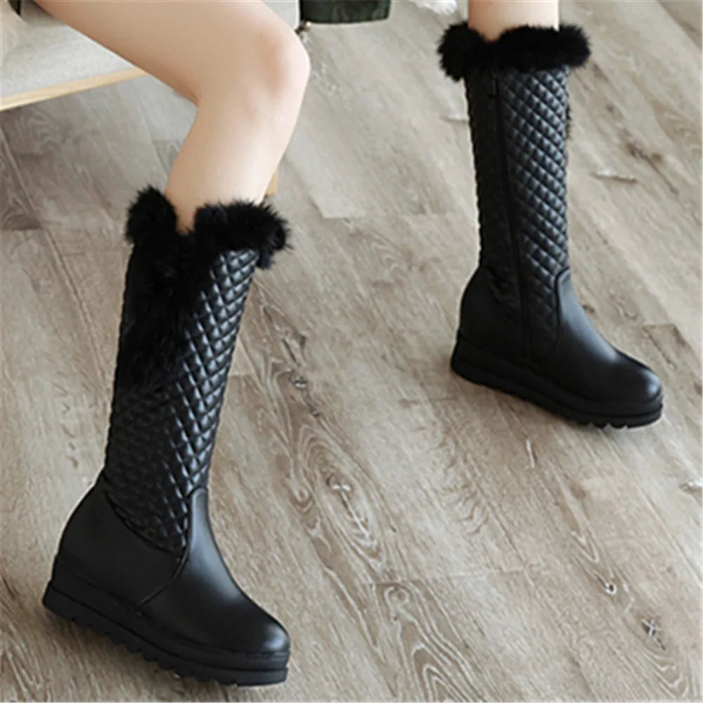 Winter Warm Fur Knee High Boots Womens Platform Snow Boots High Heels Female Padded Shoes  High Boots  Free Ship Big Size 41
