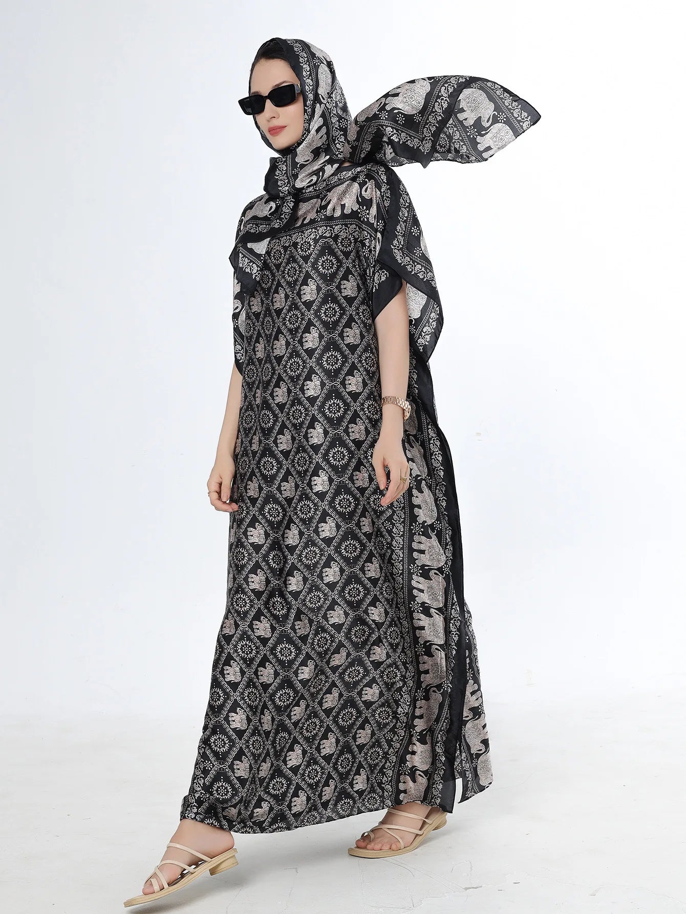Summer New Fashion African Dresses For Women Elegant Printed Silk Muslim Lady Long Hijab Kaftan Dress Oversize Kuwait Abaya