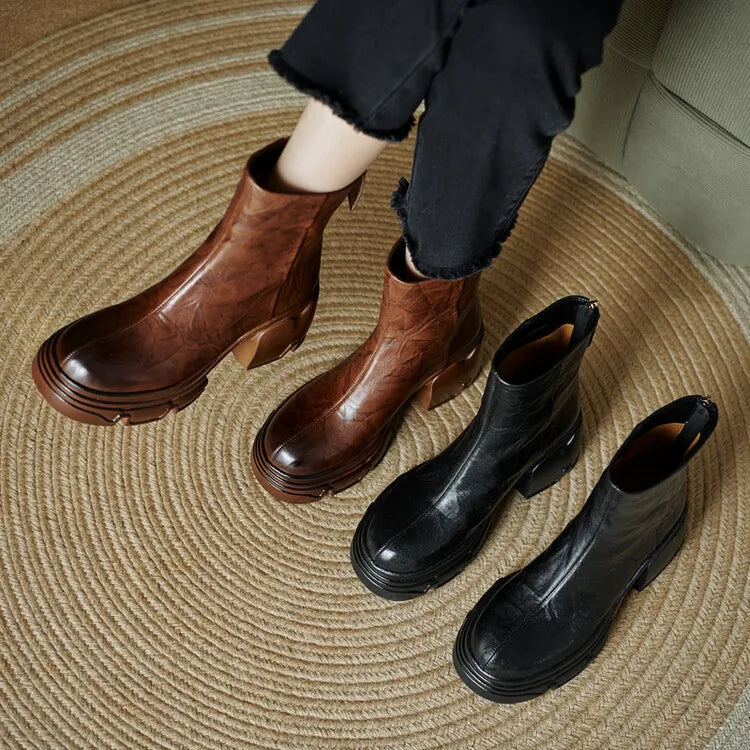 NEW Autumn Women Boots Genuine Leather Shoes for Women Round Toe Chunky Heel Shoes Concise Zip Platform Boots Soft Daily Shoes