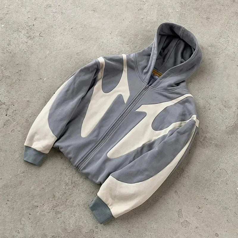 Retro Letter Printed Devil Pattern Hoodie Y2K Harajuku Zip Up Sweatshirt