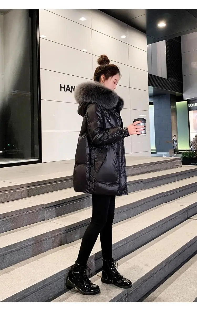 Black Down cotton Jacket Women's 2025 New Korean version Thick fur collar Loose Wash free Winter Coat Female Warm Parka Overcoat