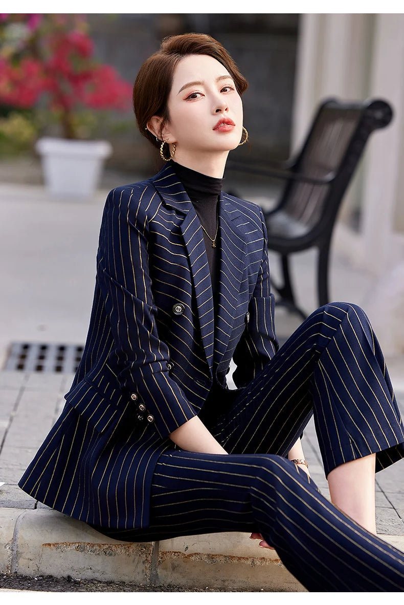 NAVIU Fashion Women Office Ladies Formal Golden stripes Pants Suit Set Female Business Work Wear Blazer Jacket And Trouser