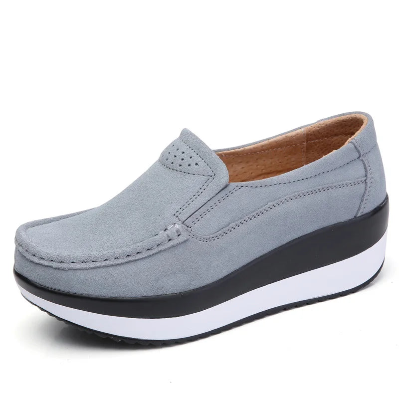 Women's Spring Autumn Genuine Leather Loafers - Fall Slip-On Round Toe Navy Platform Casual Flat Shoes