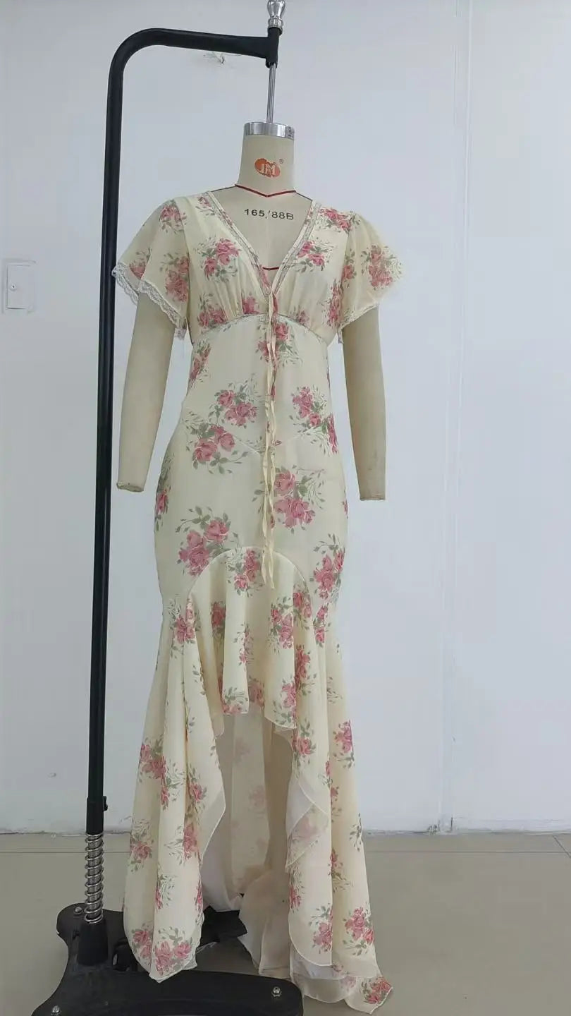 Women White Pink Floral Print Fishtail Skirt Set Chic V Neck Puff Sleeve Ruffle Button Crop Top Suit Elegant Lady Wedding Outfit