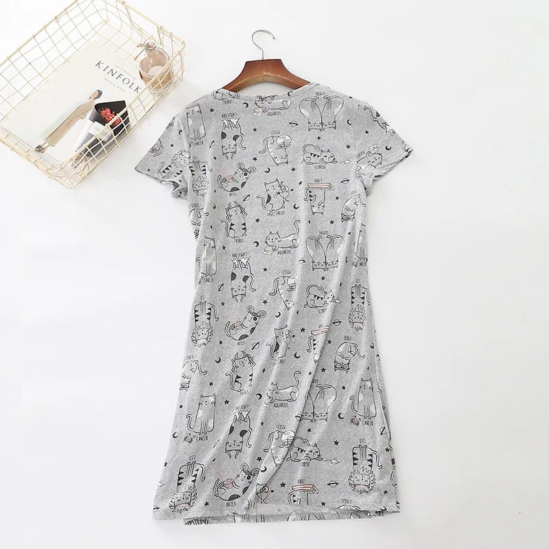 Summer Women Casual Cartoon Sleep Dress 100% Cotton Nightgown Plus Size Dresses Women Chemise de nuit Short Sleeve Home Dress