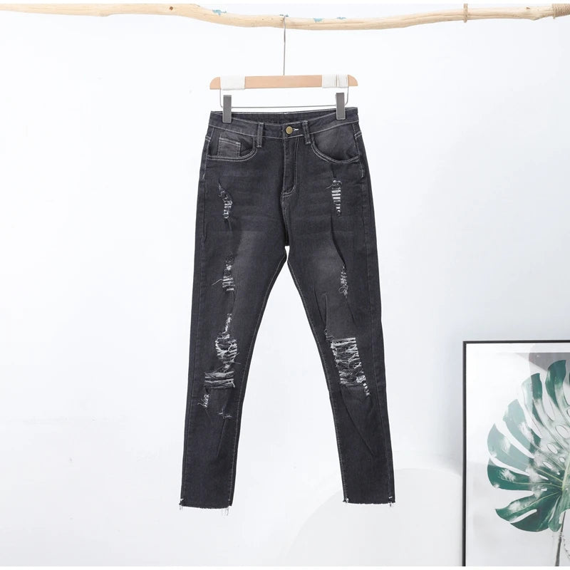 Women Ripped Jeans Low Waist Skinny Denim With Zipper Pockets Blue Y2K Summer