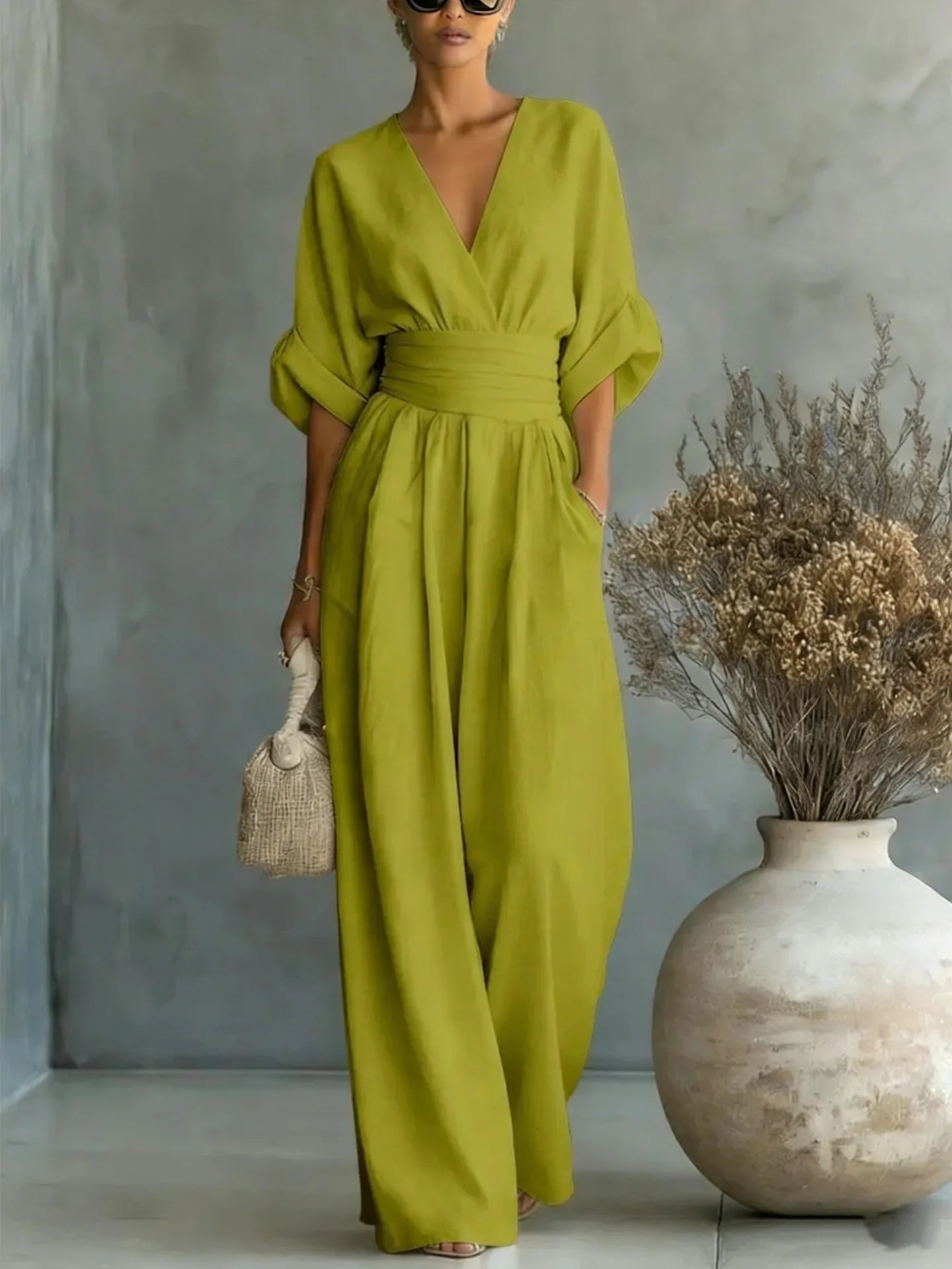 Elegant Solid Jumpsuits Women Shrot Sleeve V Neck Jumpsuit Trousers Wide Leg Pants Rompers Loose Style Belted Leotard Overalls