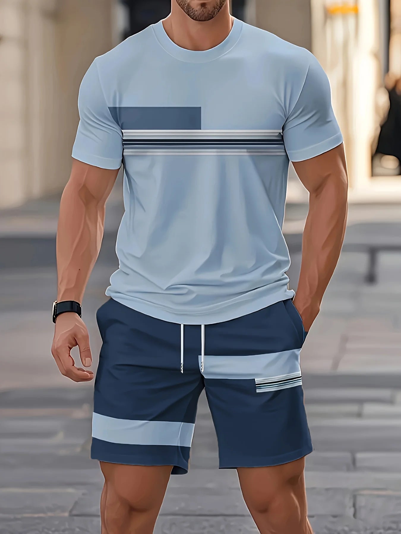 New Summer Men's Sportswear Striped Short-Sleeve T-Shirt Set Two-Piece Outdoor Travel Apparel Relaxed-Fit Shorts Training Wear