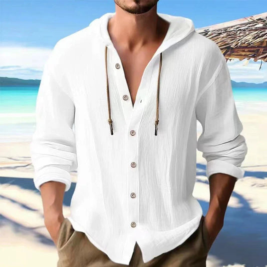 Men's Solid Linen Long Sleeve Hooded Shirt Casual Streetwear Button Top Loose Fit Cardigan Clothing for Men