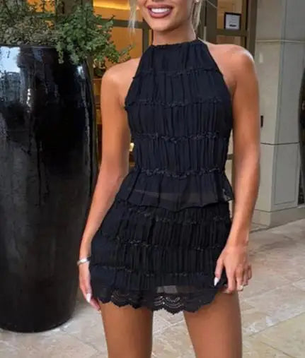 Pleated Halter Lace Up Top Women's Skirt Suits Women Sexy Ruffled Crop Top Lace Trim Mini Skirts 2026 Summer Lady Beach Outfit