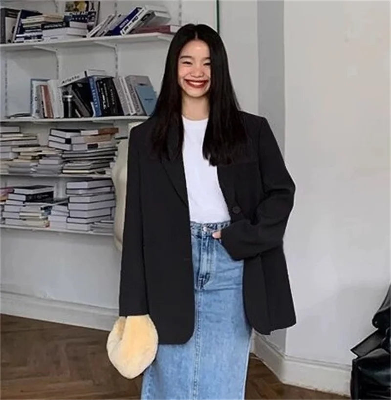 Back Slit Design Blazer Coat For Women Casual Korean Streetwear Chic Long Sleeve
