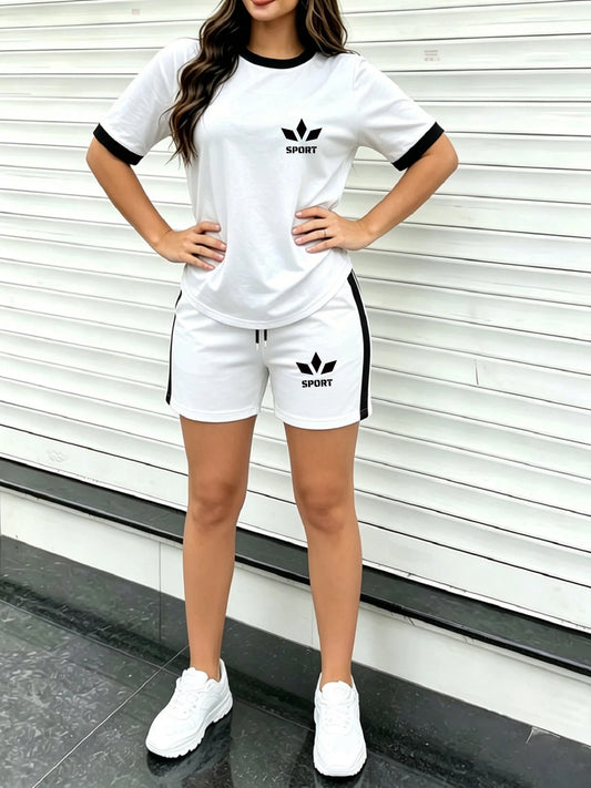 Casual Style Women's Short-Sleeve Shorts Set, Sport Clover Pattern Print, Color-Blocked Round-Neck Short-Sleeve Top + Side-Striped Shorts, Slim-Fit Casual Women's Set, Sweet, Retro, Comfortable, and Casual Wear, Suitable for