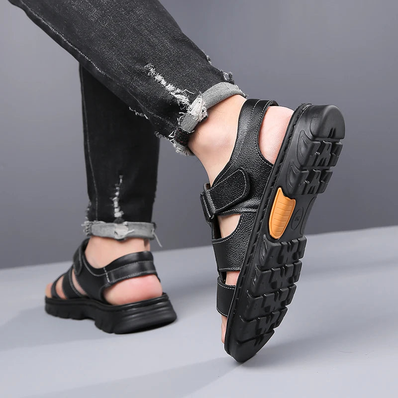 Men's Sandals Adjustable Solid Color Shoes Summer Casual Comfort with Durable Rubber Sole, Breathable PU for Outdoor Walking