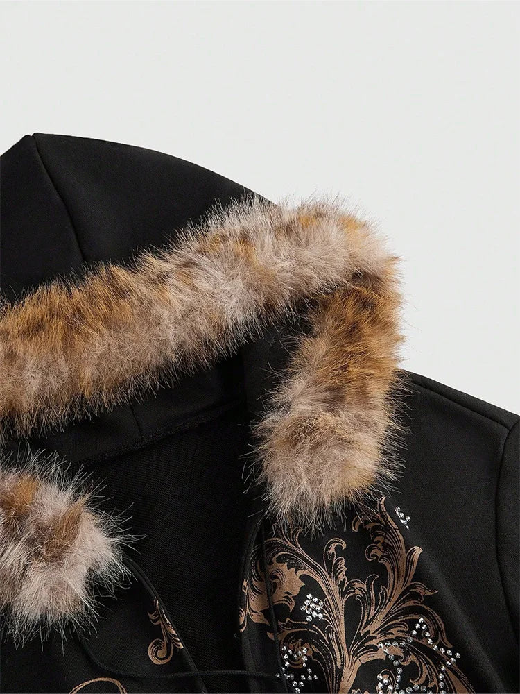 Winter Warm Gothic Print Hoodie Women's Clothin Faux Fur Crop Top Zip-Up Sweatshirt Fashion Y2K Streetwear Hooded Jacket 2026New