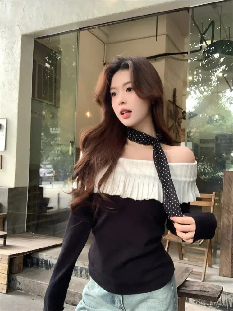 Women's Solid Color Slash Neck Ruffles Sweater Short Pullover Korean Fashion Chic Retro Style for Autumn Winter