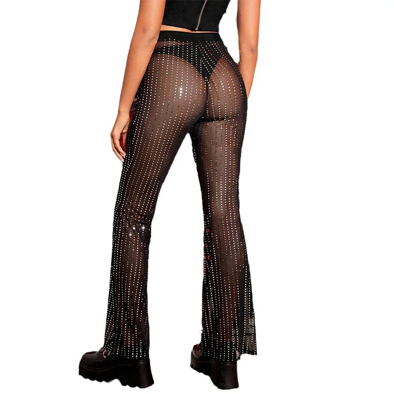 Metalic Shiny Leggings Glitter Sequin Pants Mesh Flare Bell Bottom Casual Dance Tights Concert Party Club Night Long