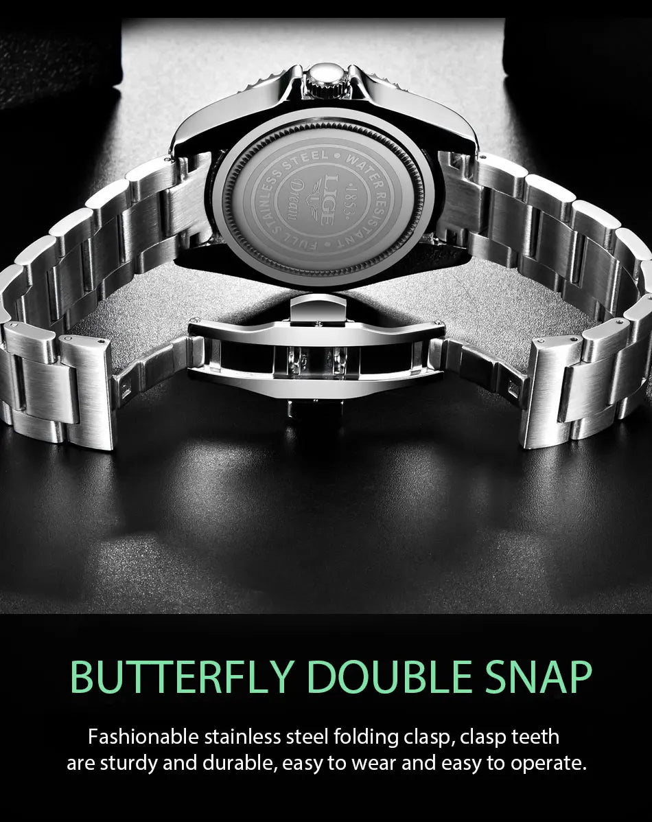LIGE Top Original Men Quartz Watches Blue Waterproof Watch for Men Stainless Steel Quartz Men Luxury Watch Luminous Wristwatch