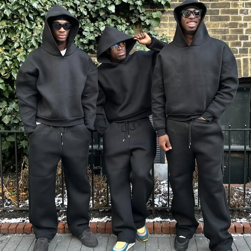 Men's Casual Solid Hooded Pullover Straight Pants 2 Piece Set Tracksuit For Fashion Loose Hoodies Sweatshirt Wide Leg Sweatpants