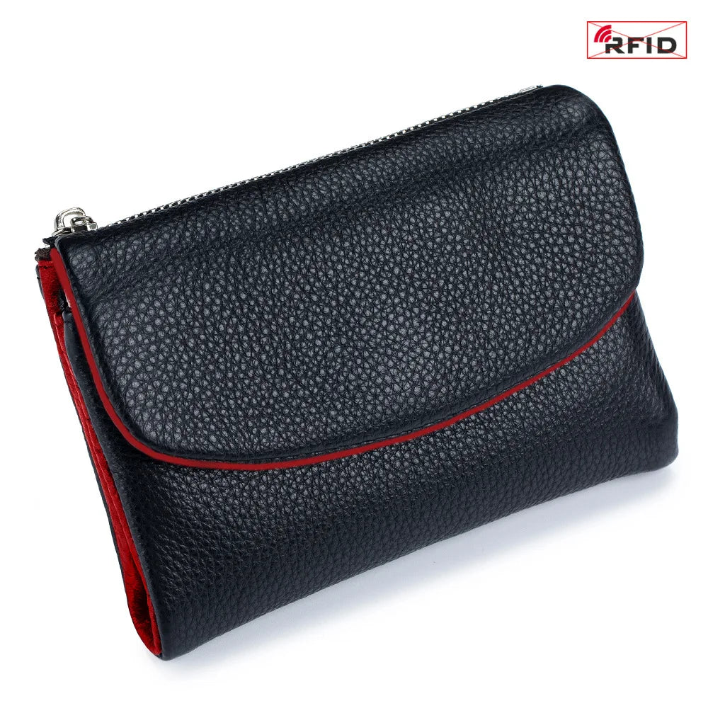 Short Genuine Leather Wallet Women RFID Card Holder Purse Ladies Mini Soft Real Cow Leather Clutch
