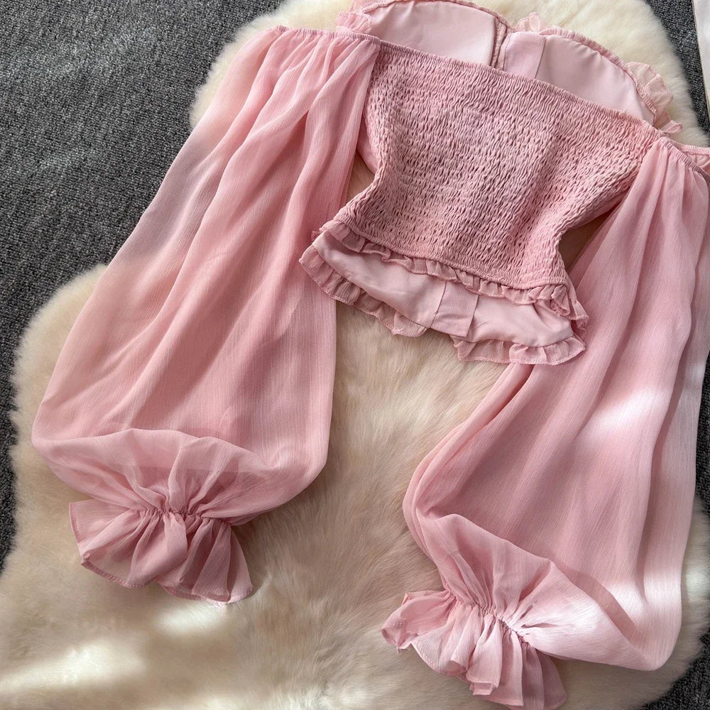 Chiffon Blouse for Women Slash Neck Off Shoulder Solid Color Camisas Ruffles Folds Backless Summer Blusas De Mujer Chic Dropship