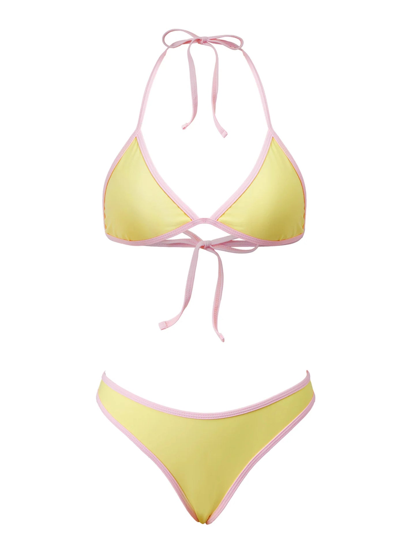 Women Solid Bikini Swimsuits Patchwork Tie-Up Halter Neck Sleeveless Bra Low Waist Thongs Beach Bathing Suit Brazilian Swimwear