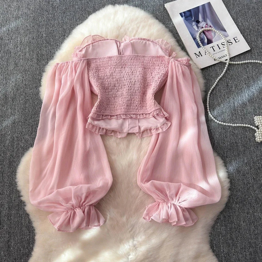 Chiffon Blouse for Women Slash Neck Off Shoulder Solid Color Camisas Ruffles Folds Backless Summer Blusas De Mujer Chic Dropship