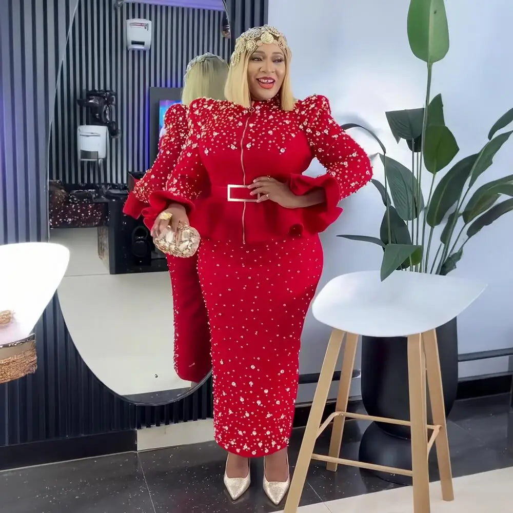 Fashion Suit African Dresses for Woman Rhinestone Turkey Dresses for Women Luxury High Quality Mesh Fabric African Beaded Dress