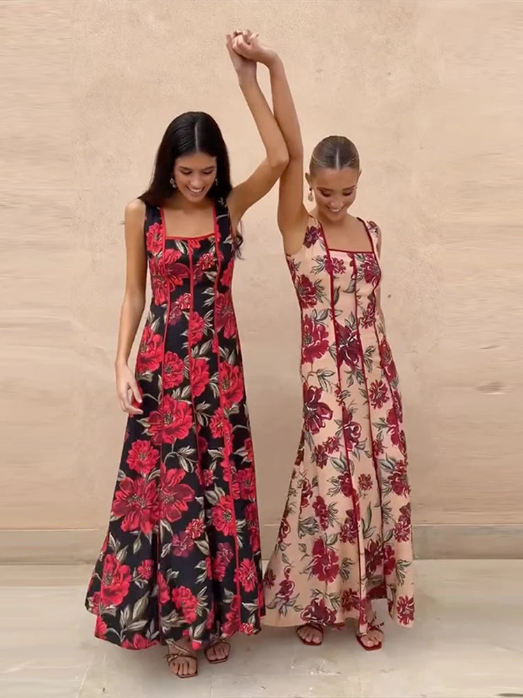Sexy Printed Flower Long Women's Dress Sleeveless Waist-Closed Slash Neck Lady Dresses Summer Sling Vacation Holiday Robe