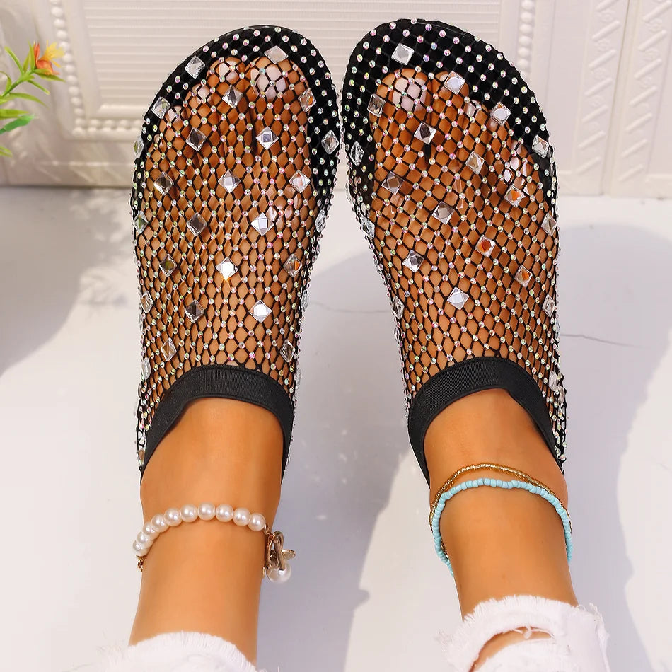 Summer Women's New Round Toe Flat Bottom Sandals Hollow Short Boots Water Diamond Sexy Flat Bottom Fashion Banquet Sandals