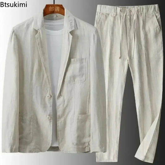 Men's Spring Summer Casual Sets Cotton Linen Two-piece Set Blazer Jacket + Pants Casual Business Thin Clothing Breathable Suit