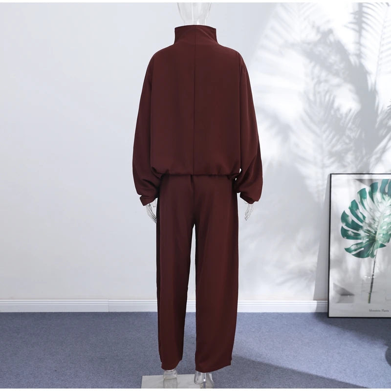Casual Zipper Shirt Pants Suit Women Solid Button Stand Collar Drawstring Shirts Loose High Waist Trousers 2026 Spring Set Lady