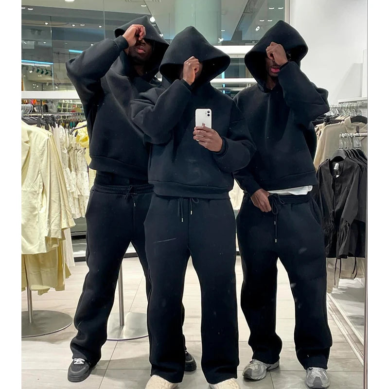 Men's Casual Solid Hooded Pullover Straight Pants 2 Piece Set Tracksuit For Fashion Loose Hoodies Sweatshirt Wide Leg Sweatpants