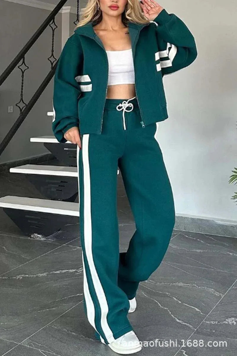 Y2K Striped Zipper Coat+sweatpants Two Piece Set Women Casual Batwing Sleeve Sports Jacket Outfits Autumn Winter Sweatshirt Suit