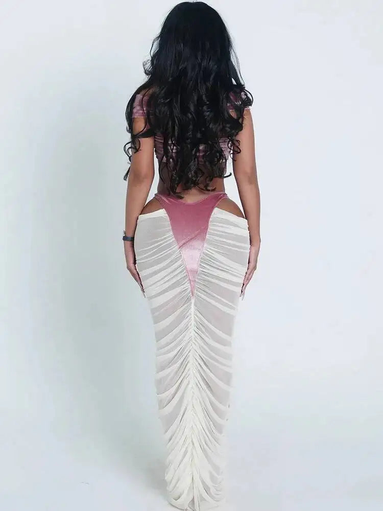 Sexy Fashion 2 Piece Set Woman Velvet Cross Kink Tank Tops+Hollow Design Ruched Long Skirts Club Party Coquette Outfits