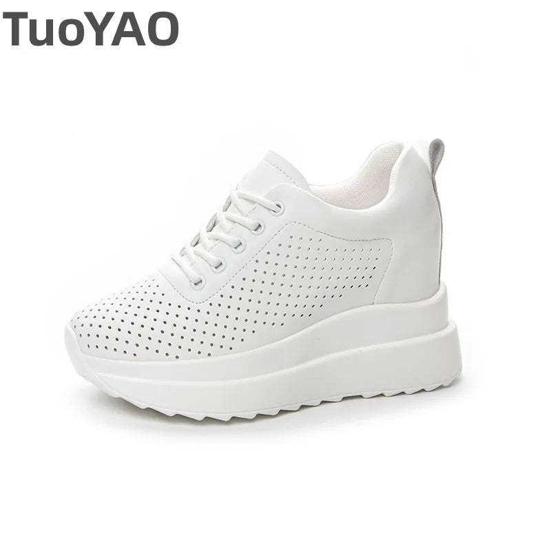 10cm Genuine Leather Women Vulcanize Women Summer Hidden High Heels Platform Wedge Spring Autumn Chunky Sneakers Shoes