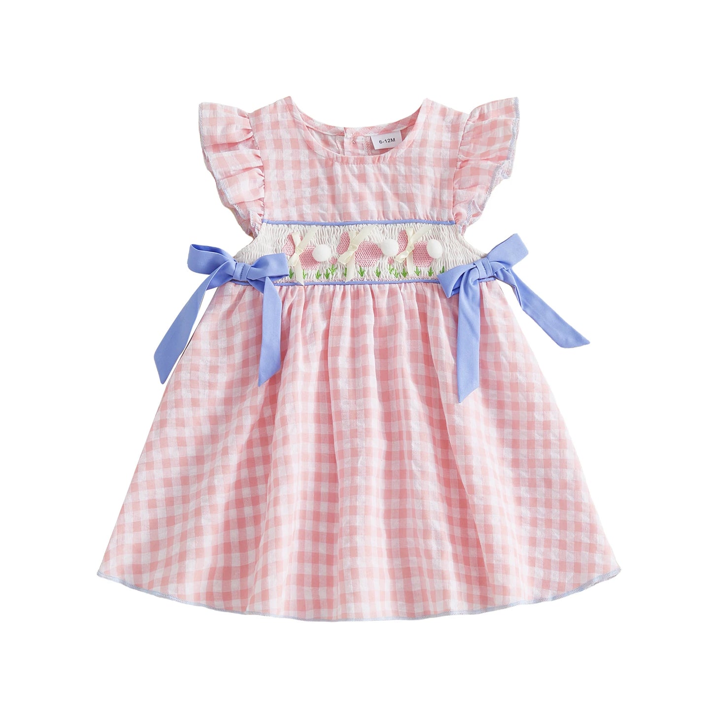 Toddler Baby Girl Easter Dress Flying Sleeve Crew Neck Rabbit Embroidery Plaid Print Bow Decor A Line Dress