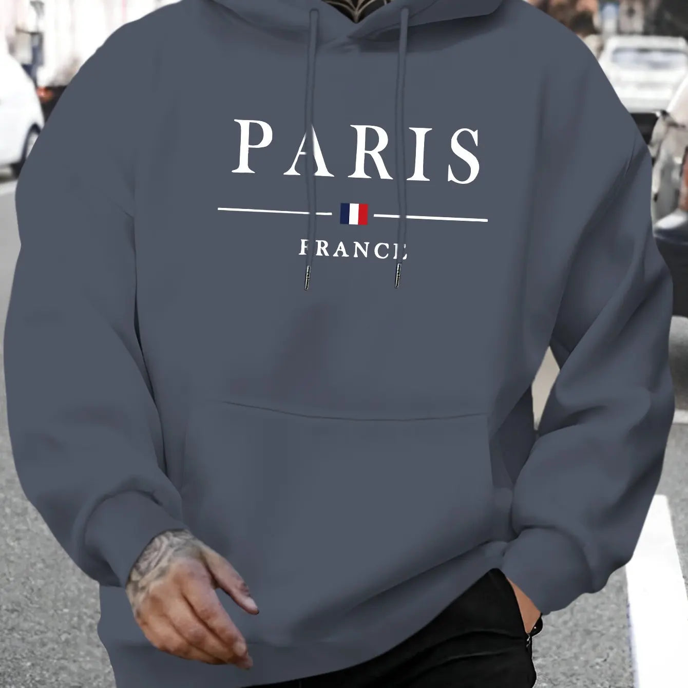 Men's autumn and winter casual fashion loose Paris letter pattern printed long sleeved hooded sweatshirt warm pullover BAZAARHUBO
