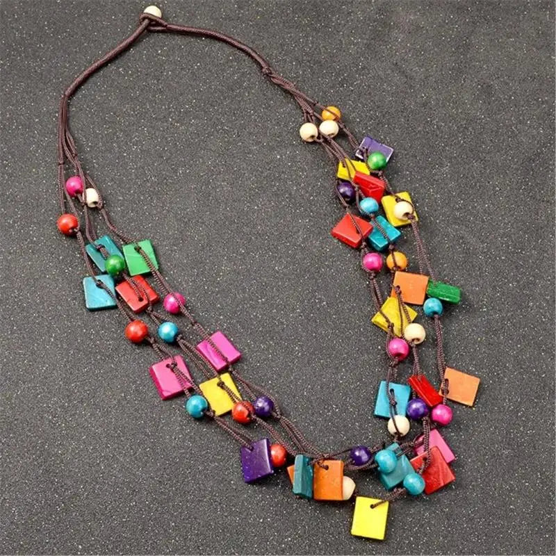 Multilayer Colorful Irregular Pendant Necklace African Styles Wood Beads Jewelry Accessory for Women Casual Wear