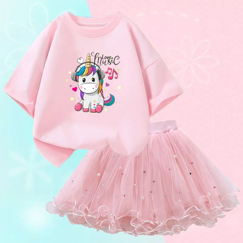 Dresses For Girl Summer Fashion Wear Outfit Kids T-Shirt Suit Unicorn Party Baby Costumes For Children Tulle Tutu Skirt Clothing