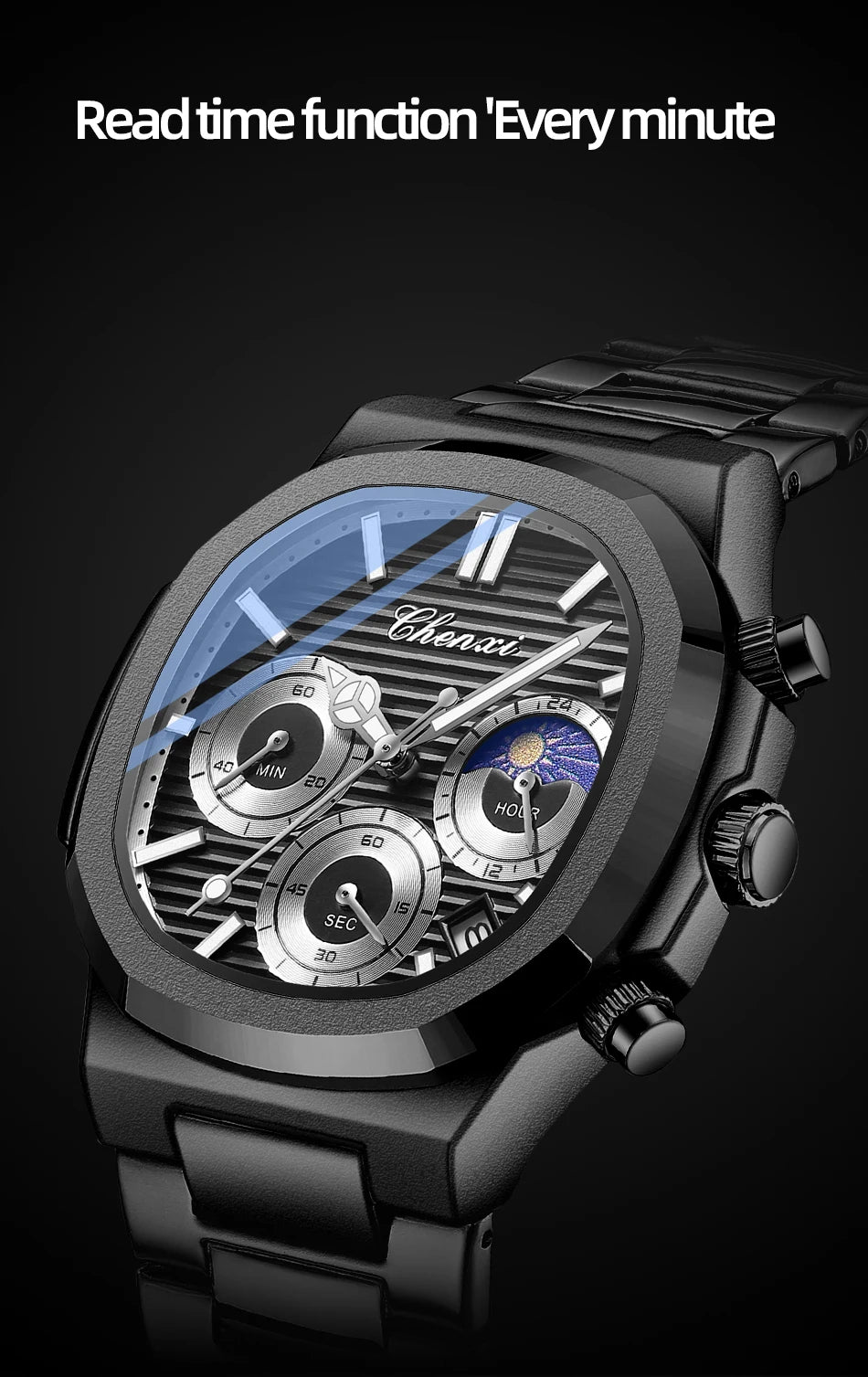 CHENXI Fashion Luxury Men's Watches Stainless Steel Quartz Movement Waterproof Calendar Moon Phase Chronograph Watch for Men