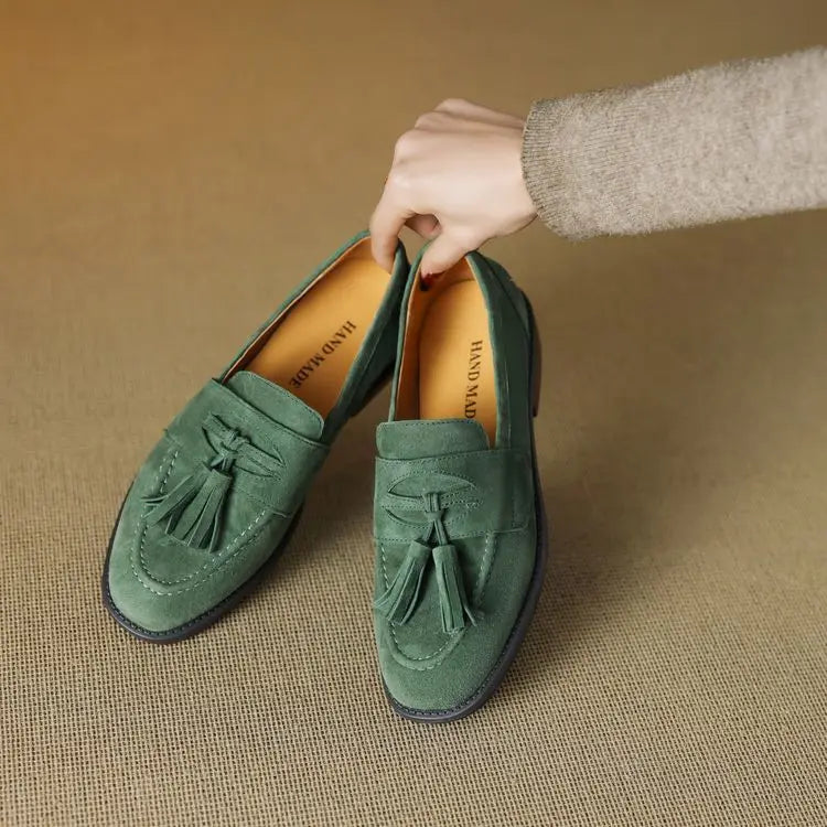 Women's loafers leather shoes Spring New Products Genuine leather sheepskin Nubuck Leather Black/Green/Orange Tassel decoration