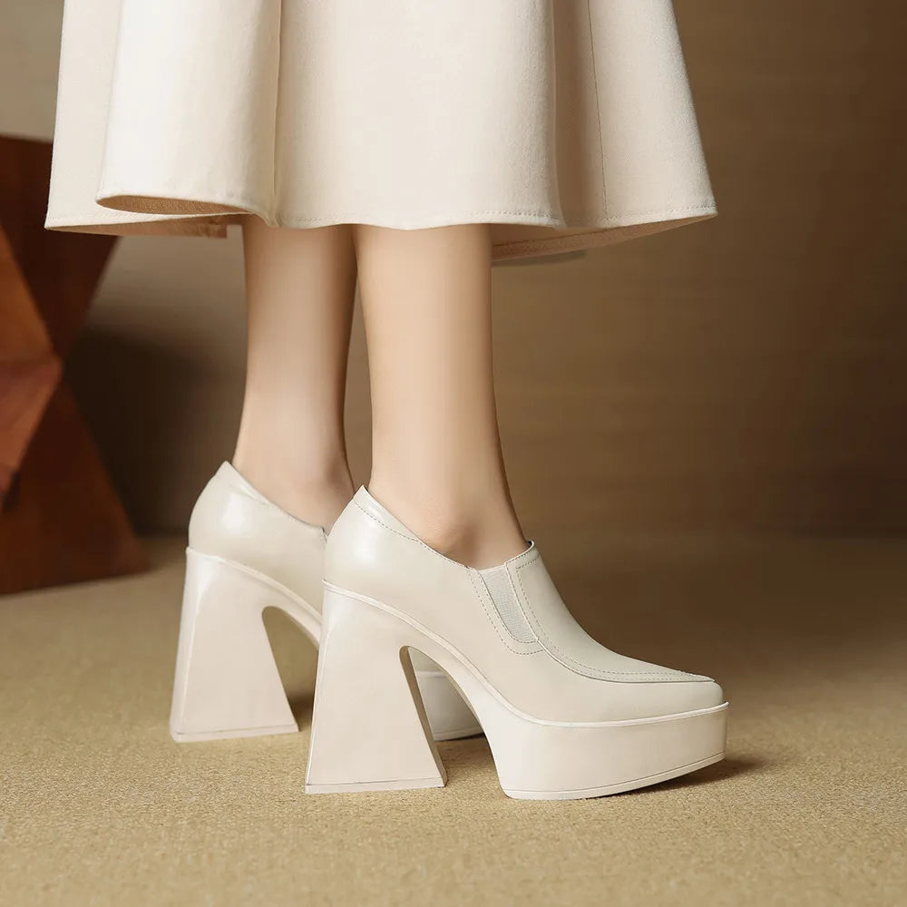 Aucegi New Spring Autumn Women Genuine Leather Pumps Classic Style Pointed Toe Platform Chunky Heel Retro Zipper Handmade Shoes