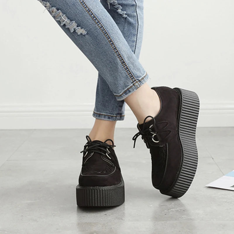 Black Harajuku Shoes Classic Lace UP Wedge Heels Platforms Creepers Punk Shoes Casual High Heels Women Platform Shoes