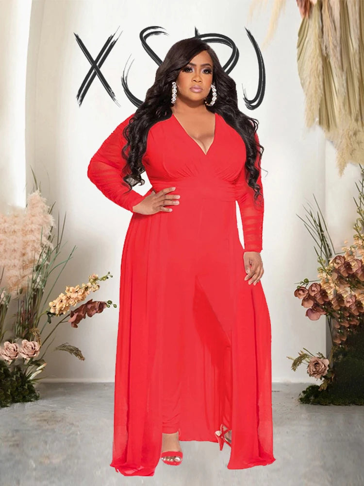 2 Piece Sets Women Outfit Mesh Lace Sleeves Elegant Pants and Blouse Set Sexy Curve Plus Size Clothes Wholesale Dropshipping