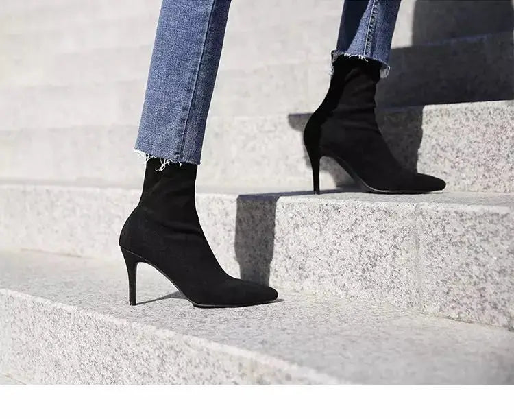 Comemore 2021 Autumn Winter High Heel Women's Shoes Pointed Toe Stiletto Ankle Boots Stockings Black Girls' Socks Boots Dress 34