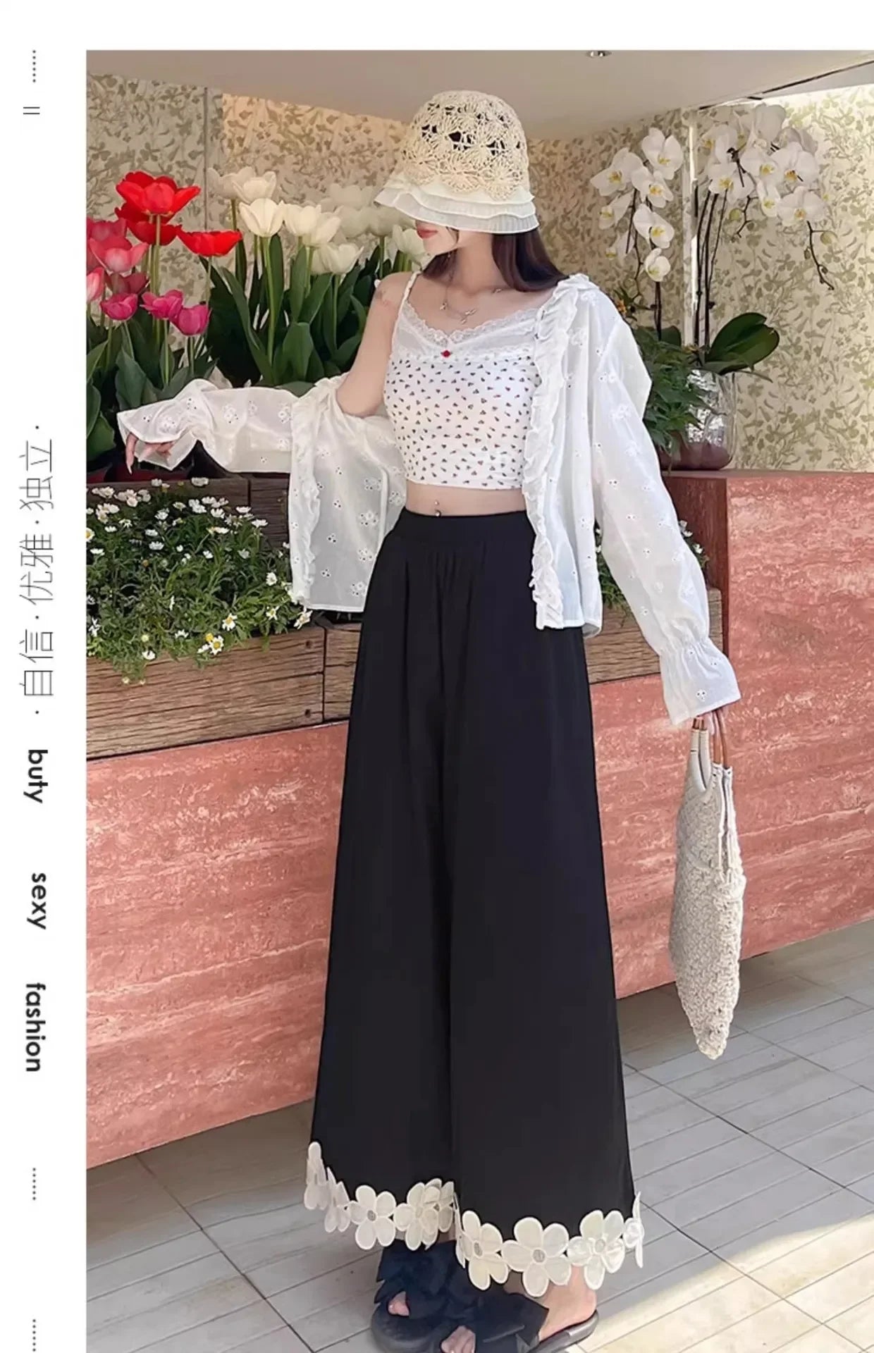Spring and summer best-selling styles: leisure, fresh, country style, cute, versatile, floral high-waisted nine-tenths pants